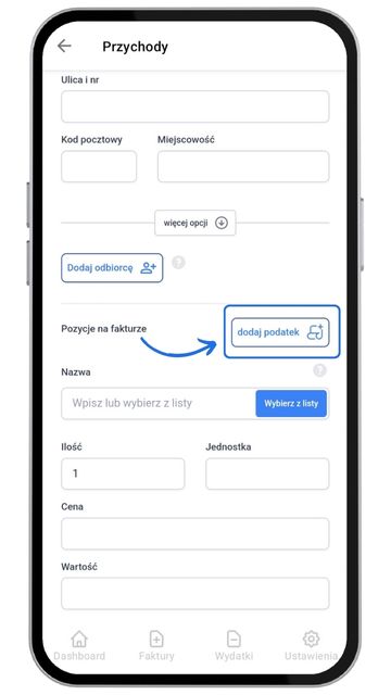 Ekran dodawania pozycji na fakturze w aplikacji Fakturownia. Zaznaczony przycisk ‘dodaj podatek’ umożliwiający wprowadzenie podatku do pozycji.