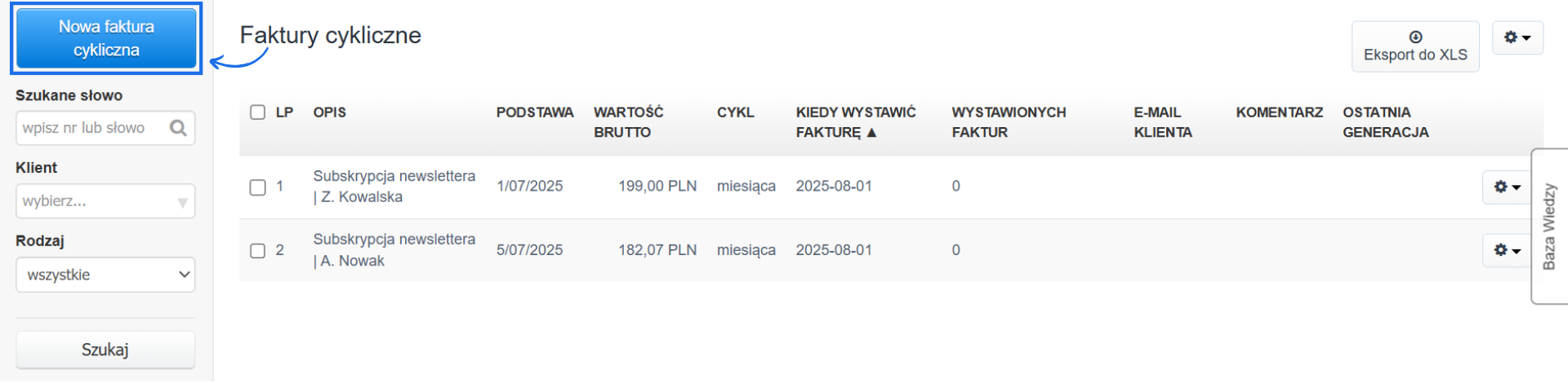 Lista cykli stworzonych w systemie do fakturowania online z możliwością stworzenia nowego cyklu za pomocą dedykowanego przycisku.