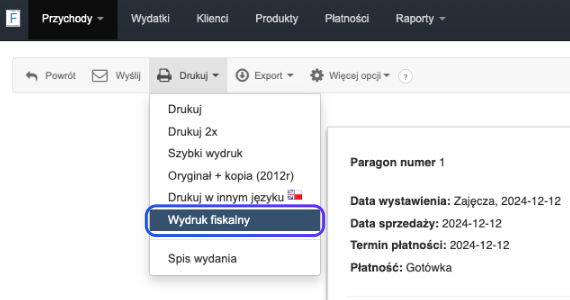 Opcje wydruku w systemie Fakturownia z wyróżnioną opcją Wydruk fiskalny - proces drukowania paragonu fiskalnego.