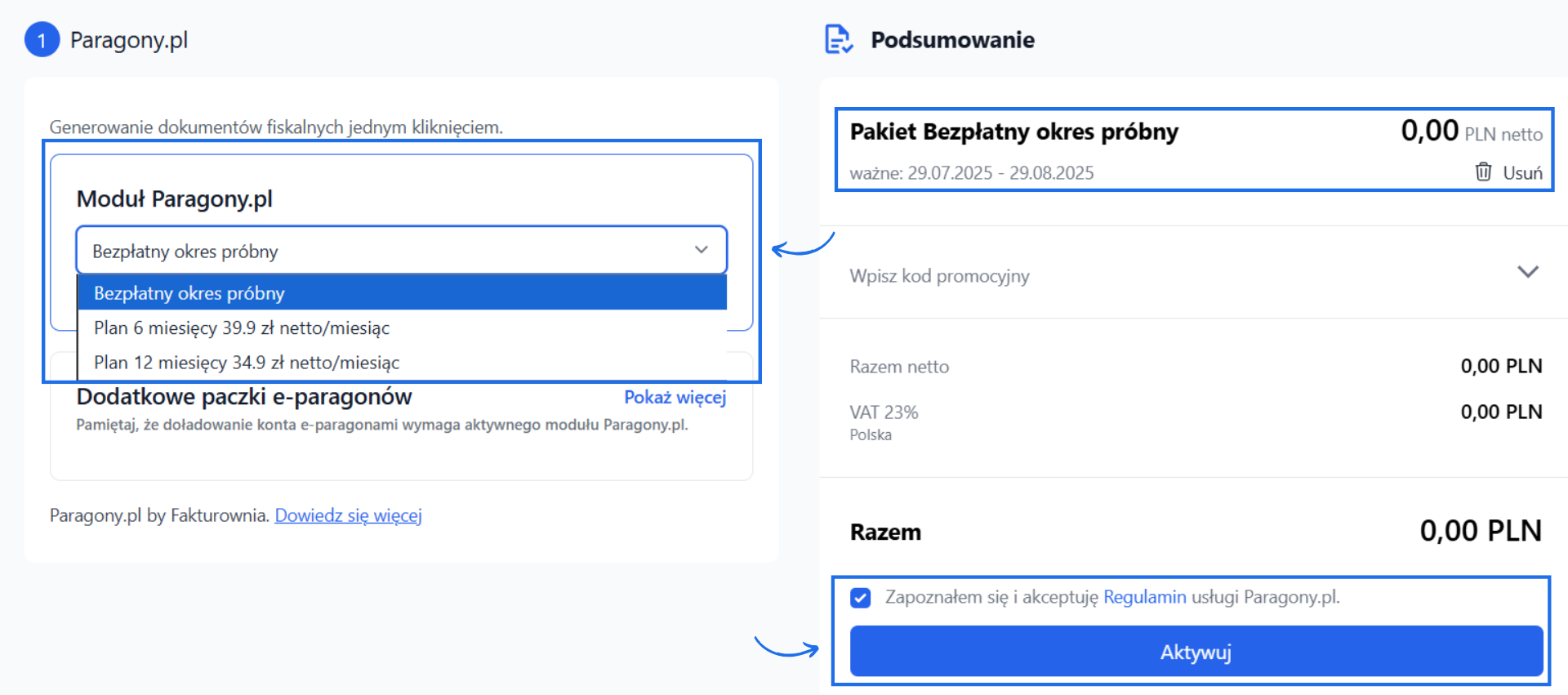 Formularz aktywacji okresu testowego modułu Paragony.pl na koncie w systemie Fakturownia.