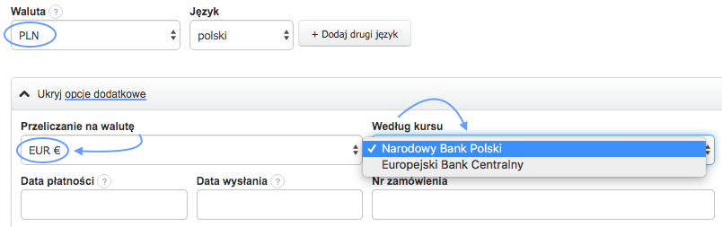 Formularz ustawień faktury z walutą główną PLN, przeliczaną na EUR według kursu Narodowego Banku Polskiego lub Europejskiego Banku Centralnego.