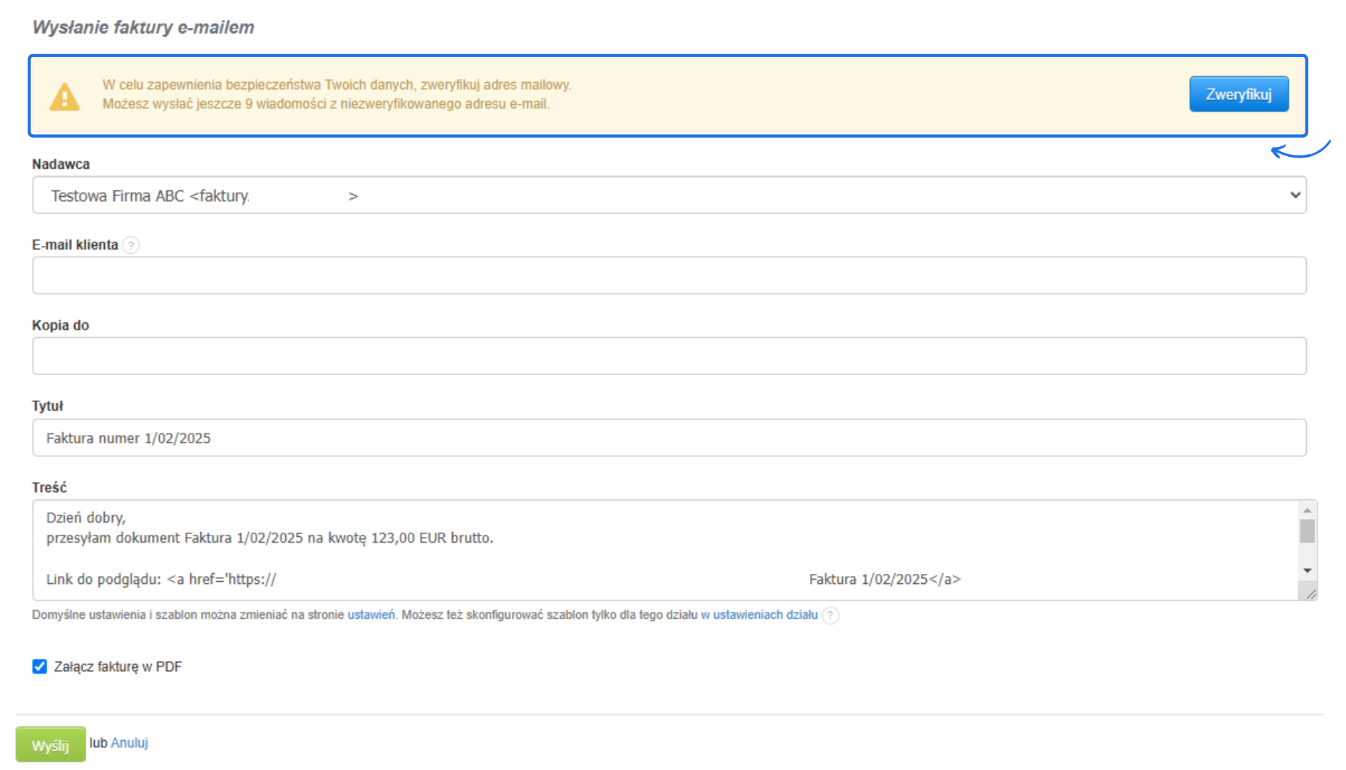 Formularz wysyłki faktury e-mailem z ostrzeżeniem o konieczności weryfikacji adresu e-mail. Widoczny przycisk ‘Zweryfikuj’ oraz opcja załączenia faktury w PDF.