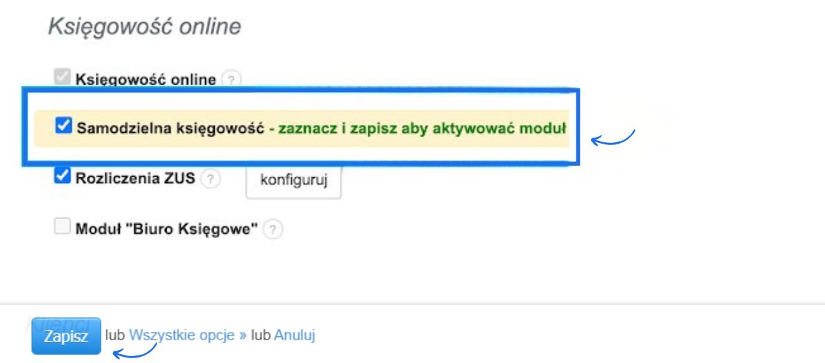 Ustawienia konta z aktywną sekcją księgowość online oraz włączoną funkcją samodzielna księgowość w systemie Fakturownia.
