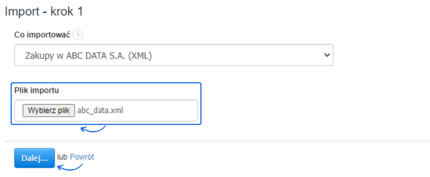 Importowanie zakupów w ABC DATA S.A. (XML) w Fakturowni, z zaznaczonym plikiem abc_data.xml i przyciskiem 'Dalej'.