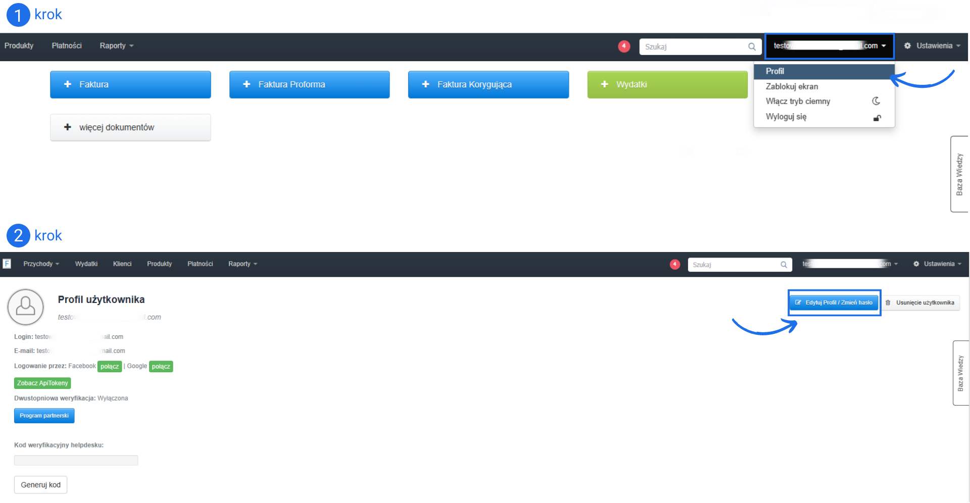 Instrukcja zmiany hasła w panelu użytkownika. Krok 1: Kliknij na swój adres e-mail w prawym górnym rogu i wybierz 'Profil'. Krok 2: Na stronie profilu kliknij 'Edytuj Profil / Zmień hasło'.