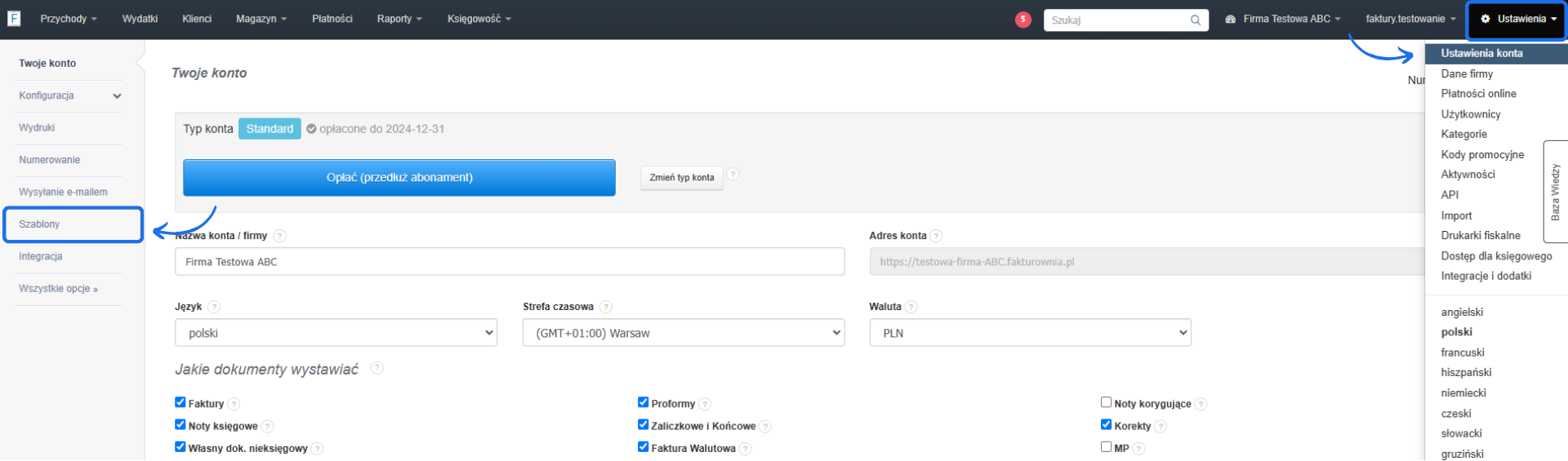 Ustawienia konta z sekcją szablonów i listą dokumentów do wystawiania, wyborem języka, waluty oraz opcją przedłużenia abonamentu.