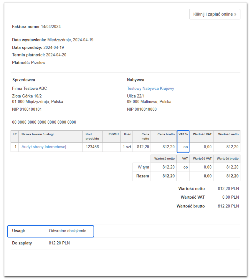 Faktura z odwrotnym obciążeniem, nabywca z Polski, usługa 'Audyt strony internetowej', stawka VAT 'oo', kwota brutto 812,20 PLN, szczegóły płatności.