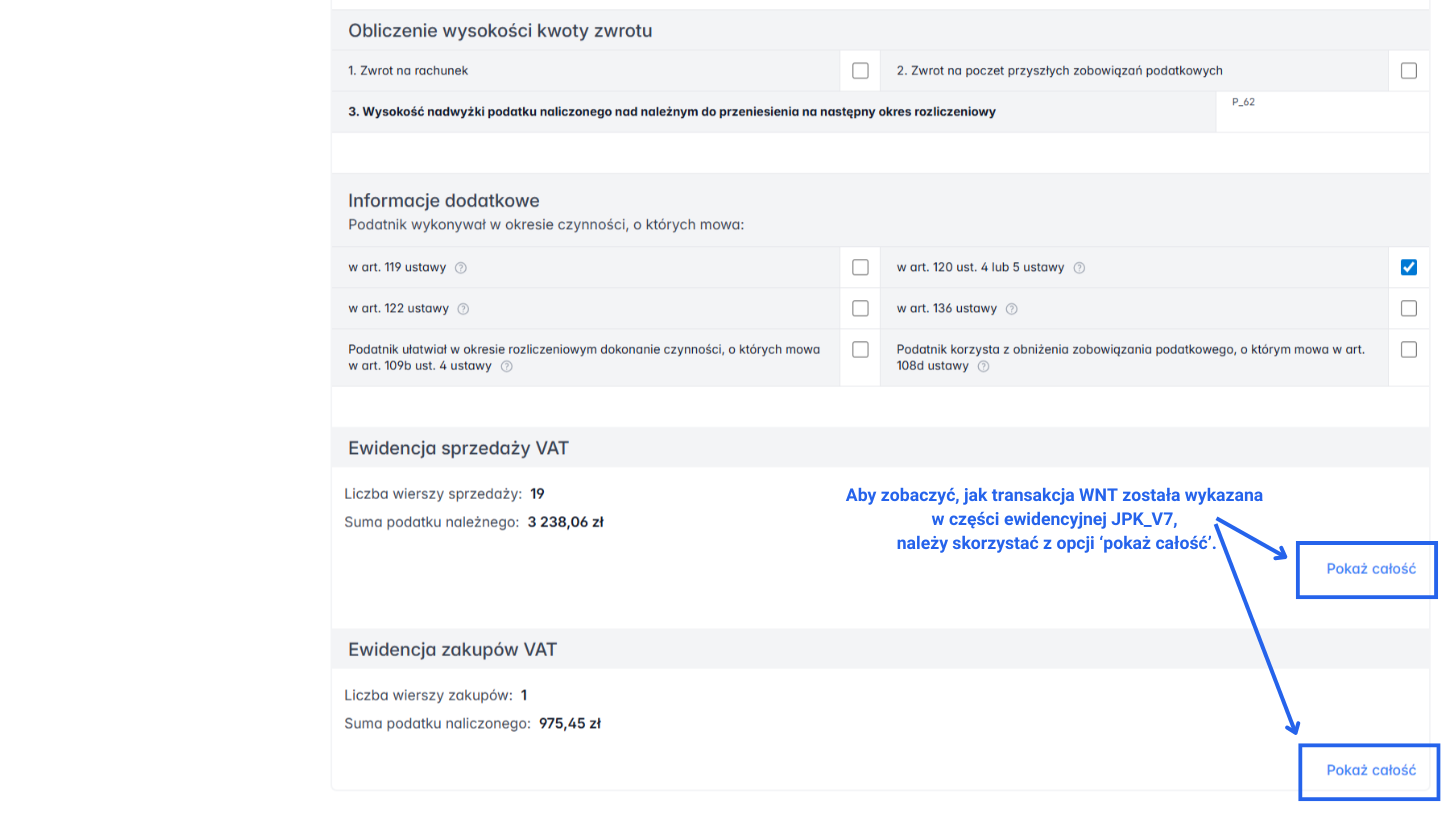 Plik JPK_V7 w ramach samodzielnej księgowości z opcją rozwinięcia szczegółów w ewidencji sprzedaży i zakupów.
