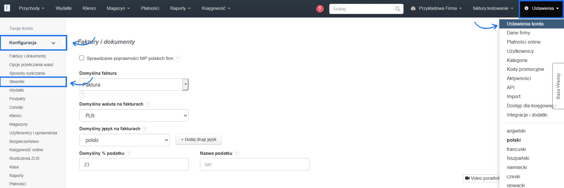 Ustawienia konta w systemie do fakturowania z aktywną zakładką konfiguracji i przekierowaniem do ustawień słowników.
