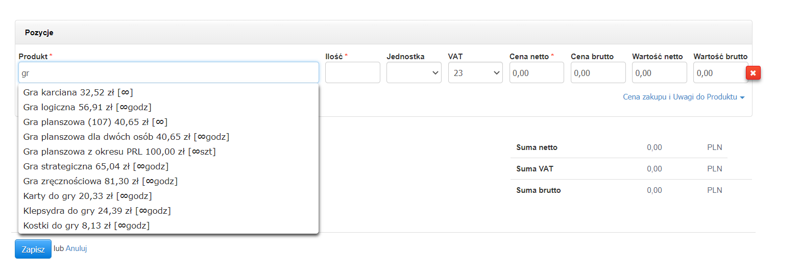 podpowiadanie nazwy produktu