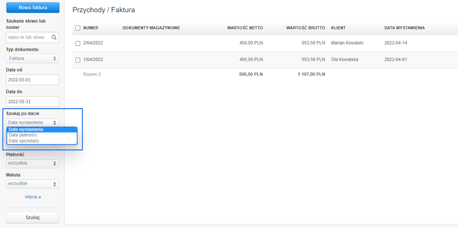 Panel filtrowania faktur z możliwością wyboru zakresu dat, typu dokumentu i opcji 'Szukaj po dacie', z listą faktur wyświetlaną po prawej stronie.