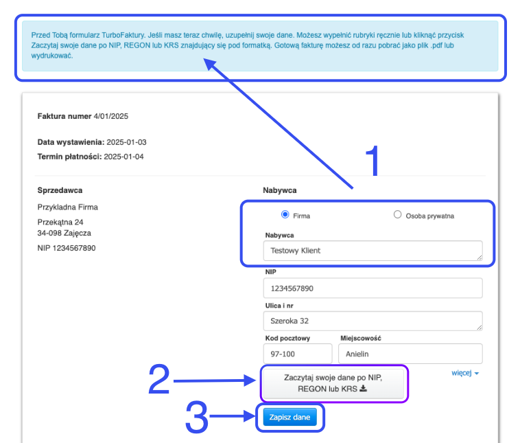 Formularz TurboFaktury w Fakturowni z sekcją umożliwiającą wprowadzenie danych nabywcy ręcznie lub automatycznie.