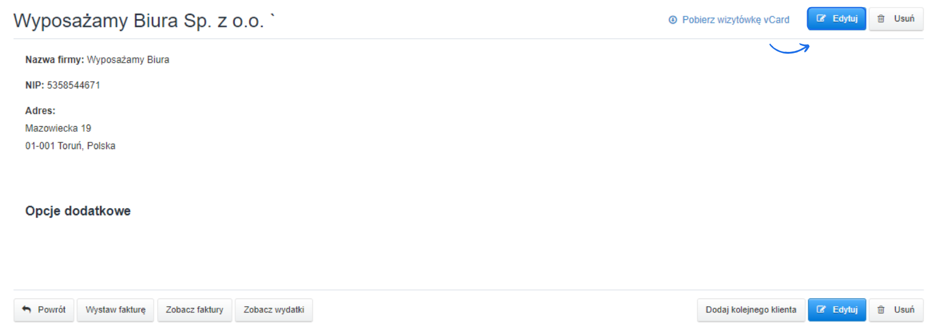 Karta klienta z podstawowymi danymi kontrahenta z możliwością przejścia do formularza edycji danych.