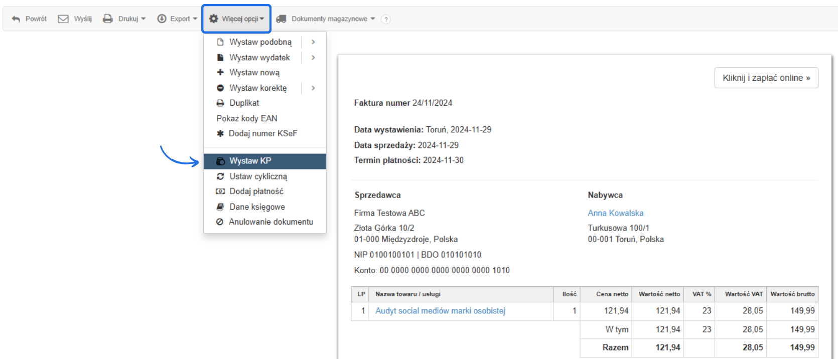 Panel faktury z menu 'Więcej opcji' zawierającym funkcję 'Wystaw KP' oraz szczegółami faktury, w tym datą wystawienia, sprzedawcą i nabywcą.