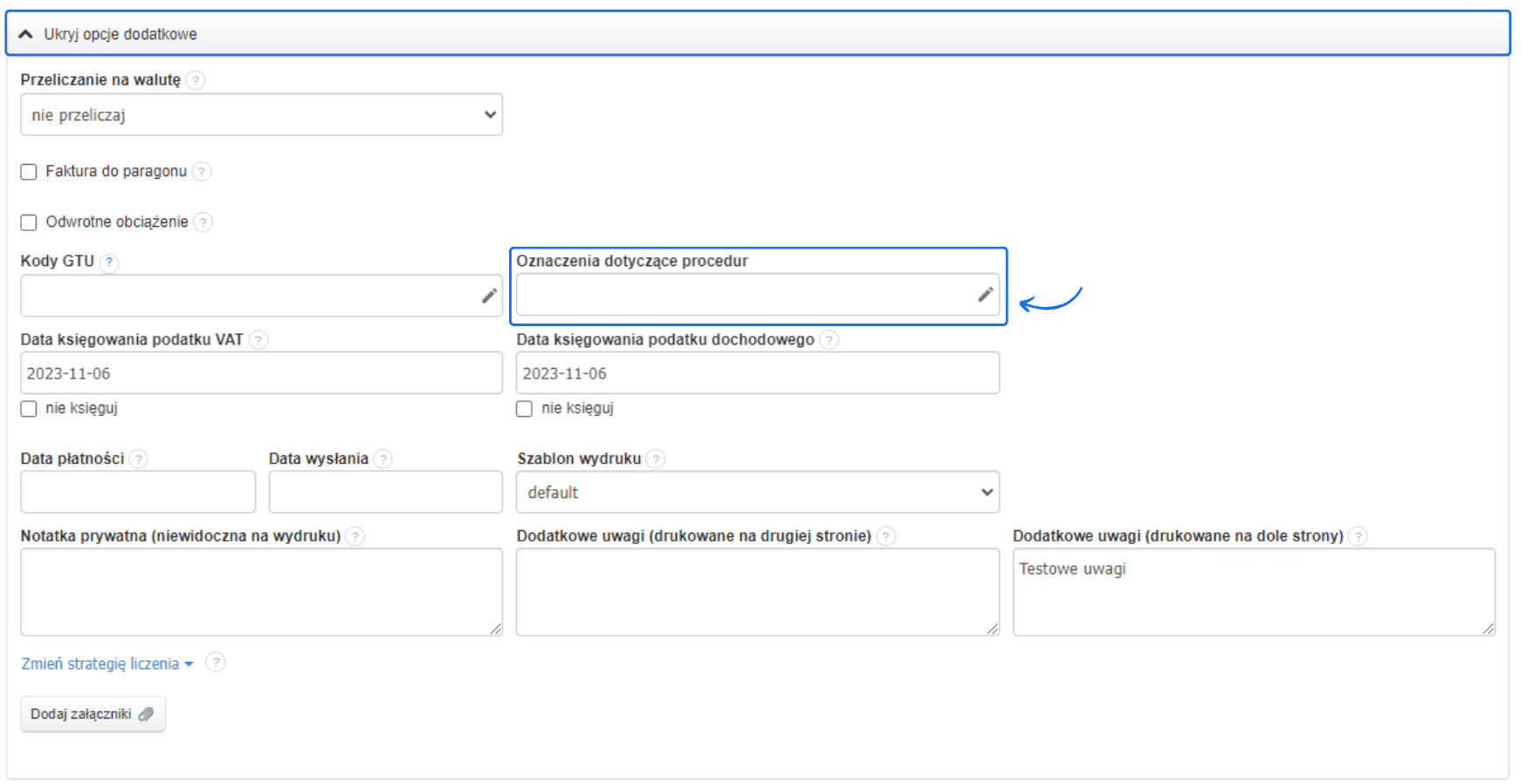 Formularz z ustawieniami faktury z aktywnym polem „Oznaczenia dotyczące procedur” w opcjach dodatkowych.
