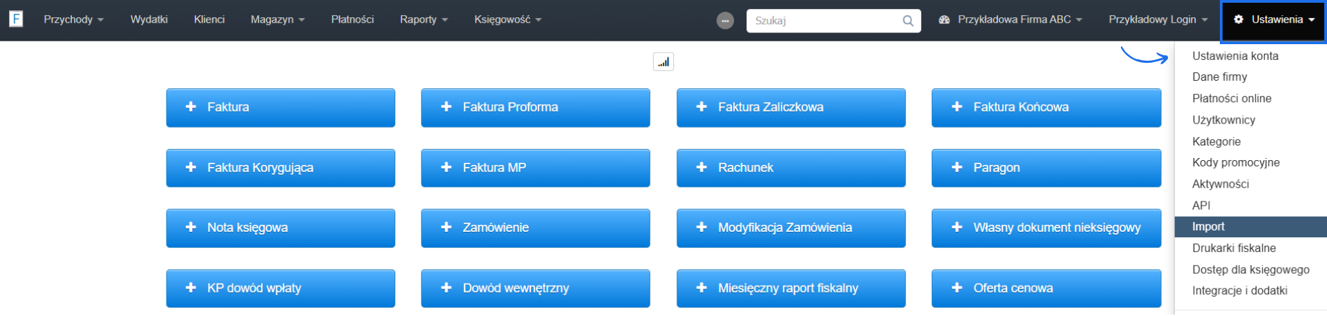 Ustawienia konta w systemie Fakturownia z aktywną zakładką 'Import' oraz aktywnymi przyciskami do wystawiania faktur z poziomu strony głównej konta.