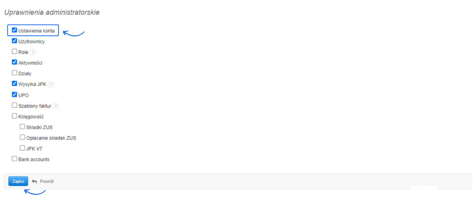 Formularz uprawnień administratora w Fakturowni – zaznaczone opcje: ustawienia konta, użytkownicy, aktywności, wysyłka JPK i UPO.