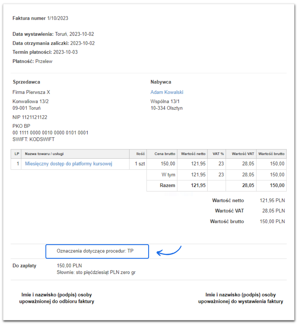 Faktura za dostęp do platformy kursowej z oznaczeniem procedury TP i kwotą brutto 150,00 PLN.