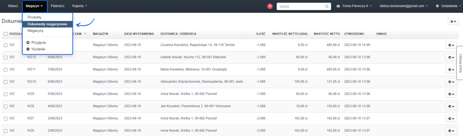 Lista dokumentów magazynowych wystawiona na koncie w Fakturowni z aktywną zakładką, która pozwala podejrzeć listę dokumentów magazynowych.