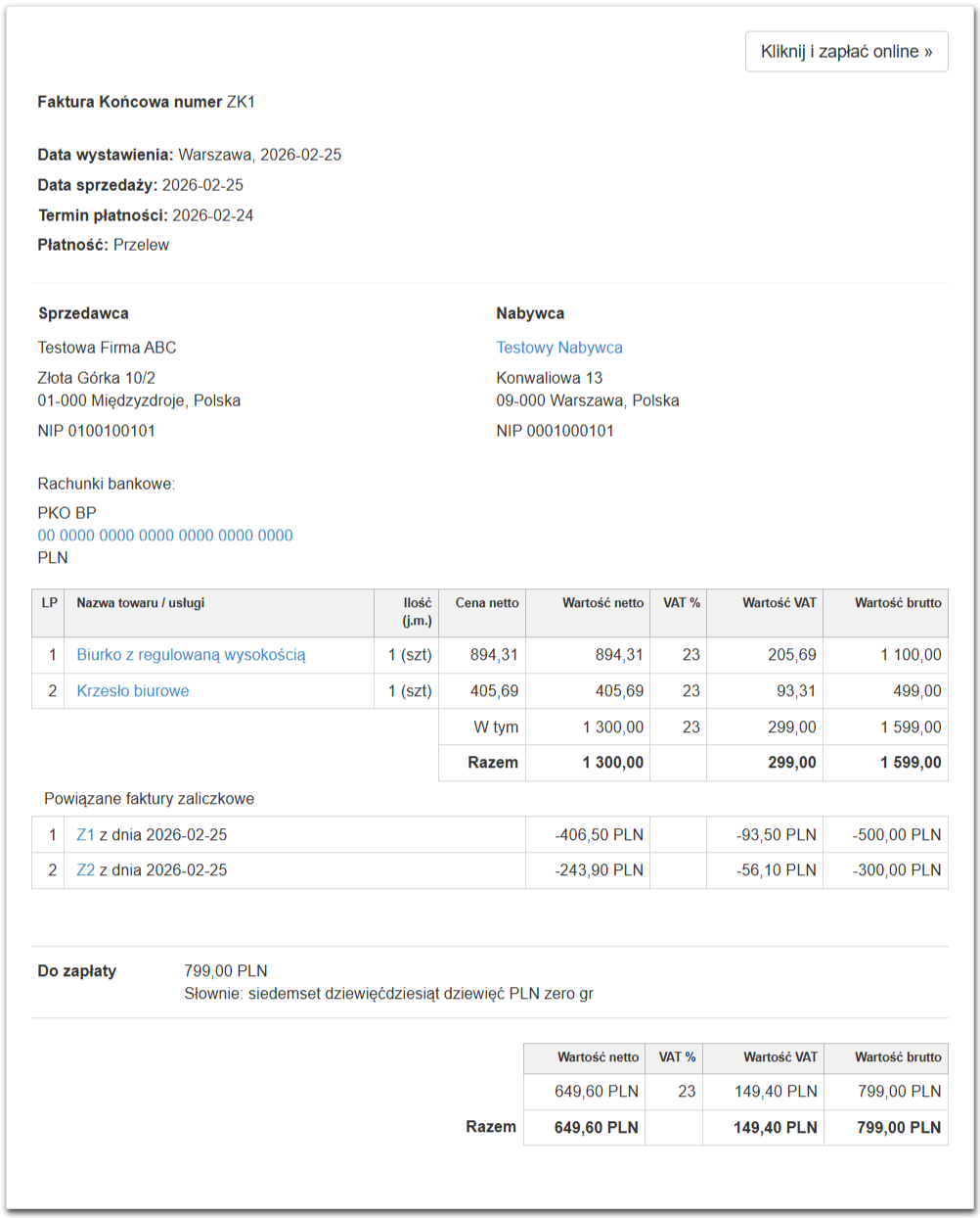 Faktura końcowa ZK1 za biurko z regulowaną wysokością i krzesło biurowe z odjętymi zaliczkami Z1 i Z2 i wartością końcową do zapłaty.