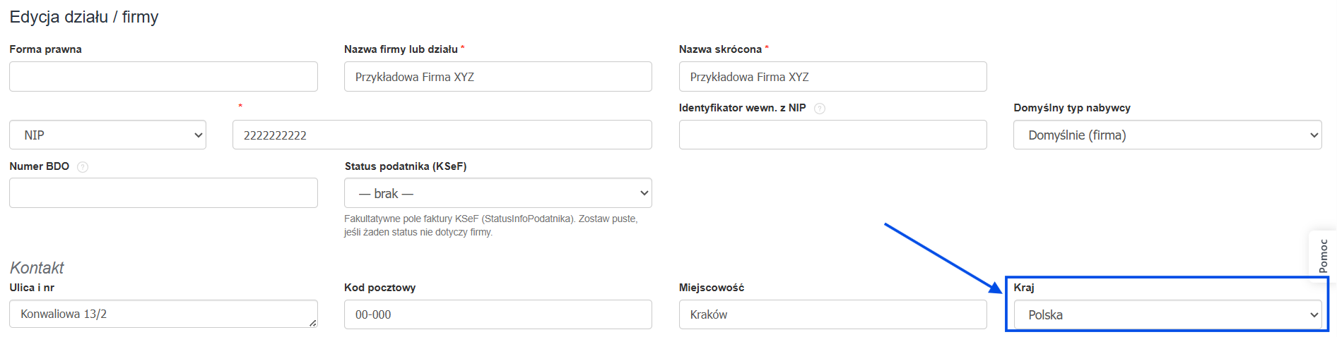 Formularz edycji danych firmy z danymi adresowymi i ustawionym krajem na Polska.