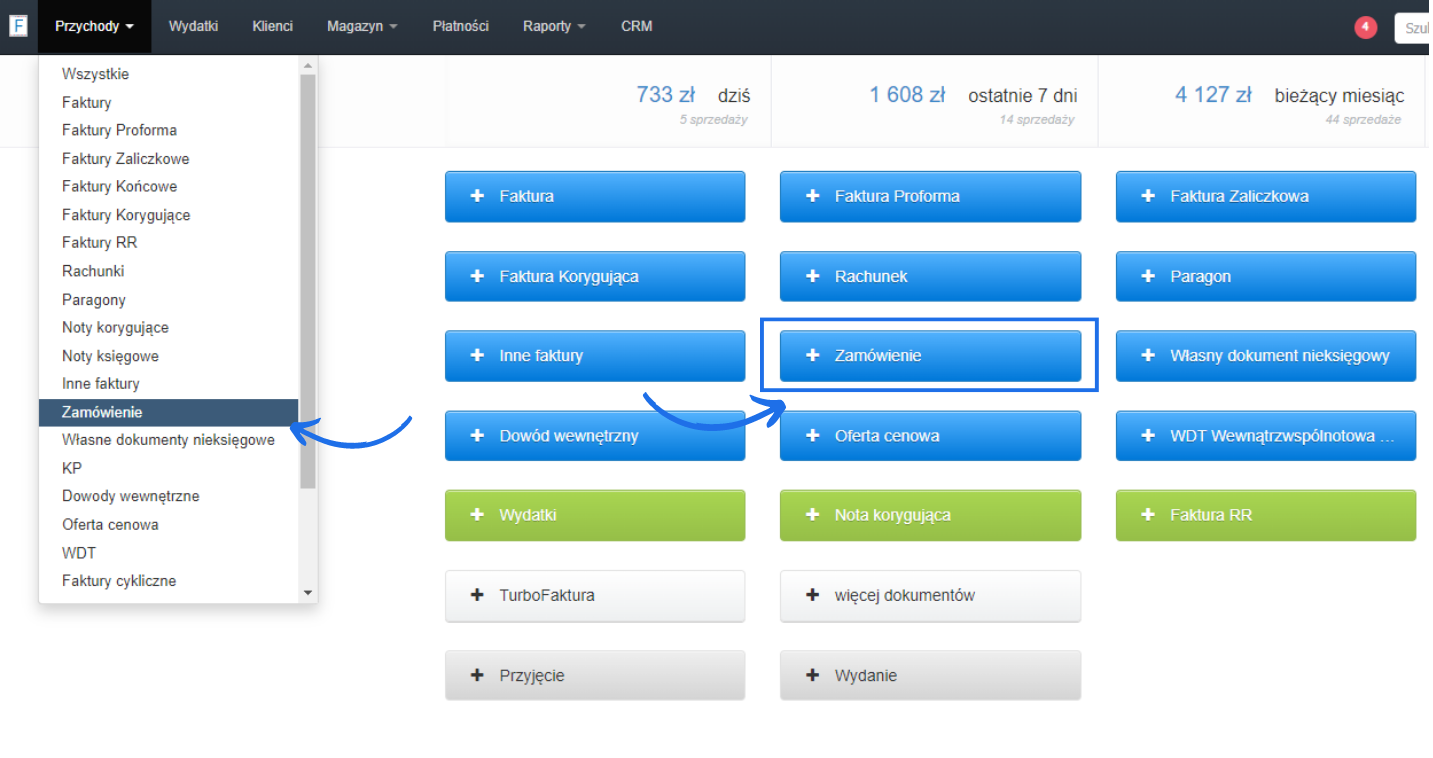 Tworzenie zamówienia w Fakturowni - dodawanie dokumentu zamówienia z menu Przychody w aplikacji do fakturowania online.