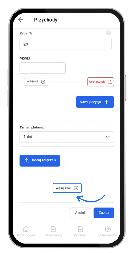 Ekran edycji faktury w aplikacji Fakturownia z opcją dodania rabatu, załącznika i rozwinięcia dodatkowych ustawień.