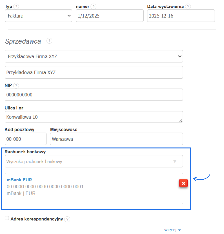 Formularz tworzenia faktury z aktywną sekcją danych Sprzedawcy i zaczytanymi rachunkami bankowymi powiązanymi z działem.