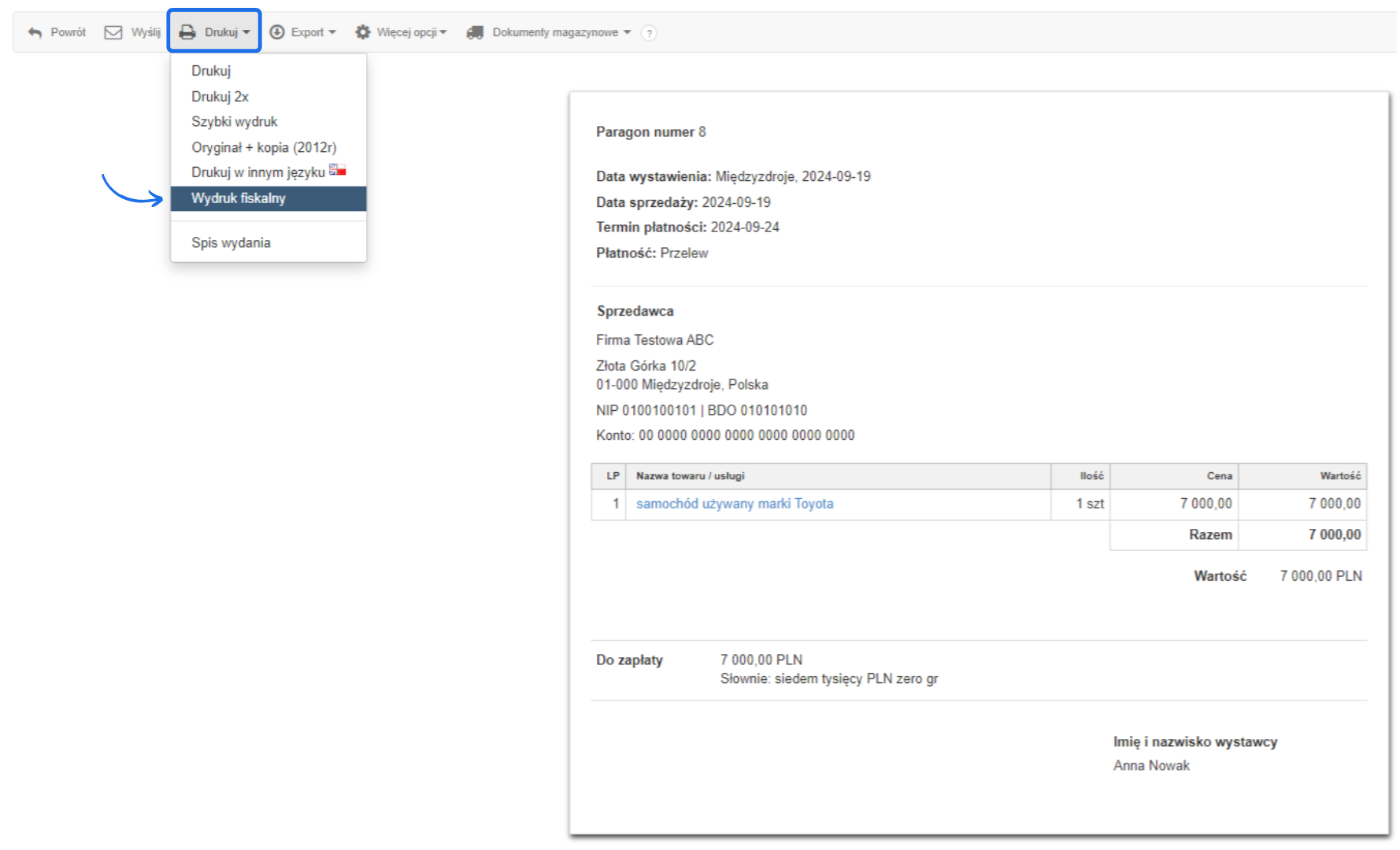 Wydruk fiskalny paragonu fiskalnego VAT marża z programu do fakturowania.