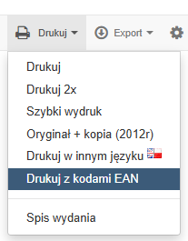 Menu opcji drukowania z zaznaczoną funkcją „Drukuj z kodami EAN” dla dokumentu sprzedażowego.