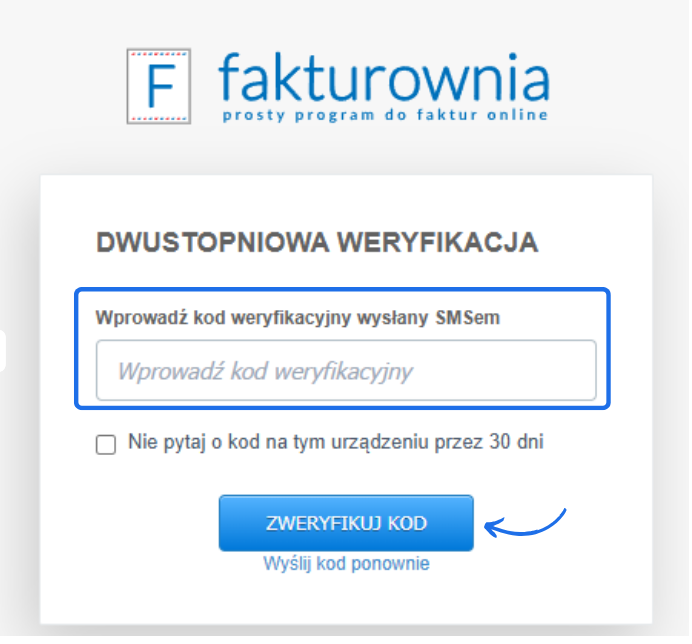 Panel logowania do systemu z aktywną dwustopniową weryfikacją SMS, polem na kod weryfikacyjny i przyciskiem 'Zweryfikuj kod'.