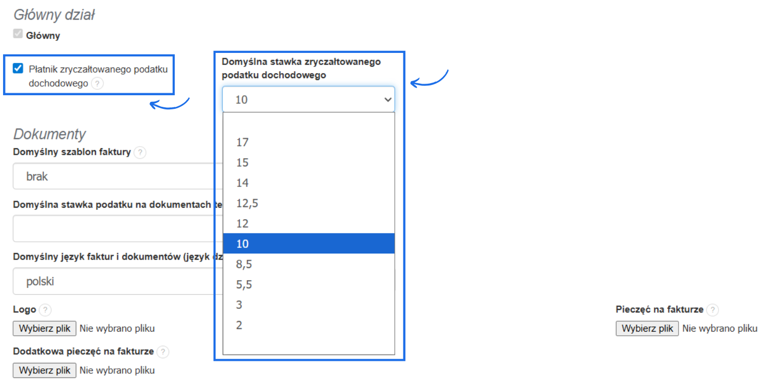 Ustawienia firmy z zaznaczoną opcją ryczałtu i rozwijaną listą stawek zryczałtowanego podatku dochodowego - wybrano 10%.