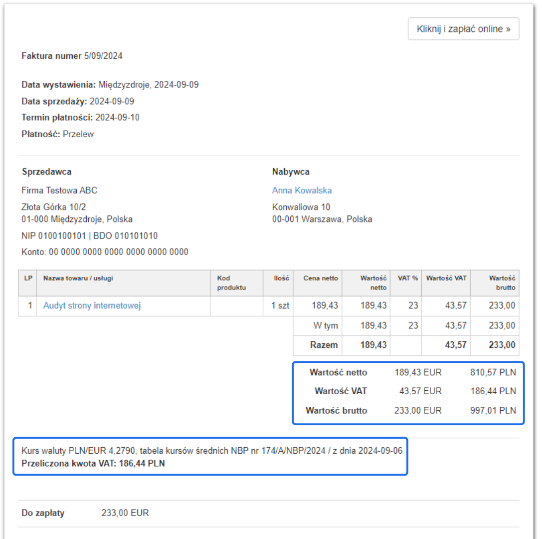 Faktura walutowa za audyt strony internetowej z danymi sprzedawcy, nabywcy, kwotą do zapłaty 233,00 EUR i szczegółami dotyczącymi kursu przeliczeniowego PLN/EUR.