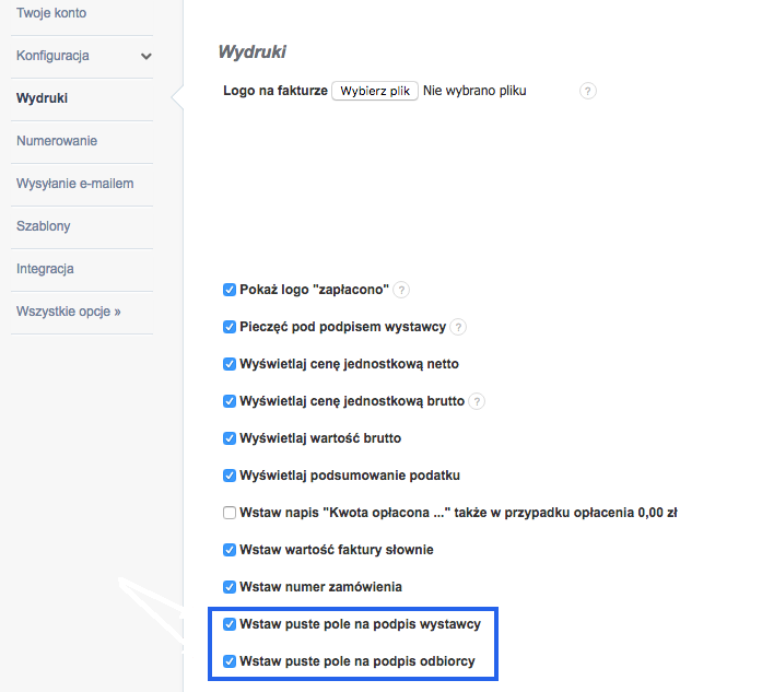 Checkboxy Wstaw puste pole na podpis wystawcy i odbiorcy w ustawieniach Wydruki