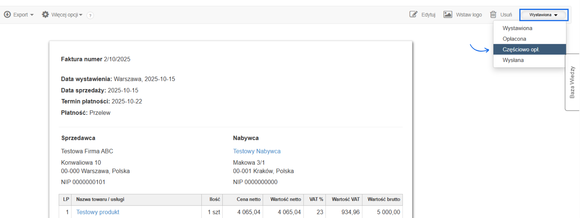 Faktura sprzedażowa dla testowego nabywcy z produktem za 5000 zł brutto oraz aktywną zmianą statusu dokumentu.