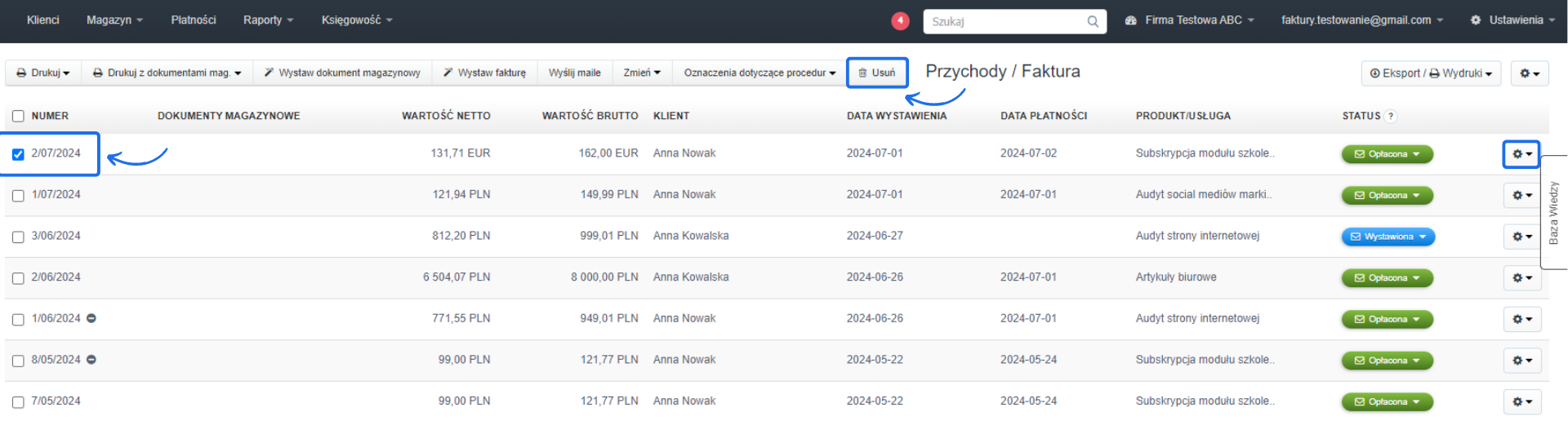 Lista faktur z wybraną fakturą numer 2/07/2024 i opcją usunięcia faktury poprzez przycisk 'Usuń' w górnym menu.