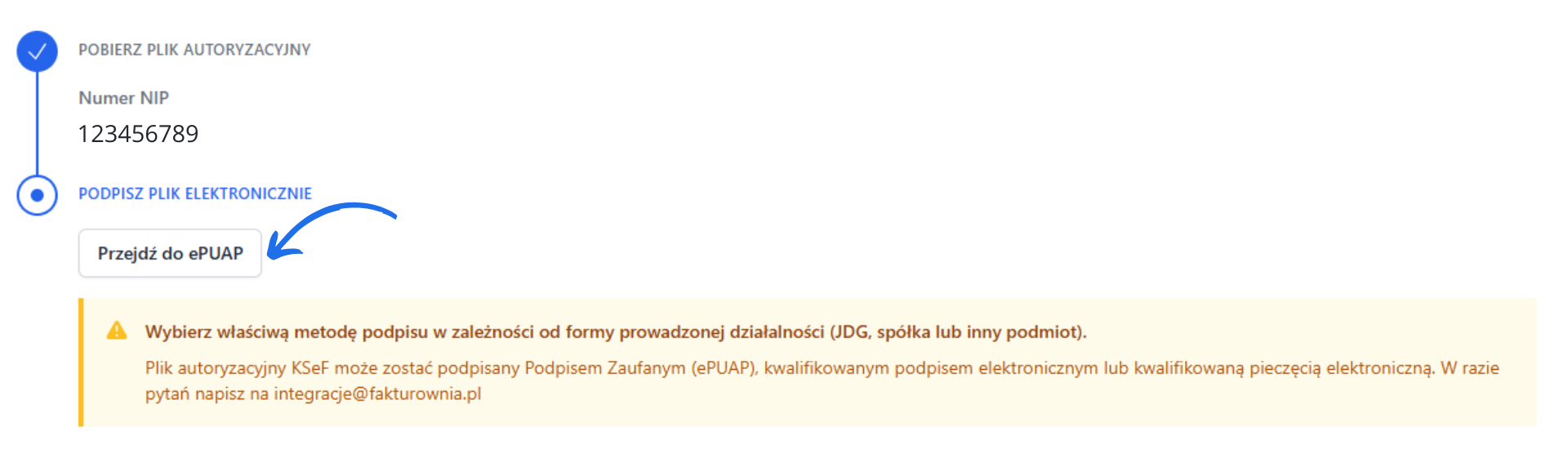 Użytkownik wybrał numer NIP, pobrał plik autoryzacyjny i ma teraz możliwość przejścia do ePUAP w celu podpisania pliku elektronicznie. Poniżej widnieje ostrzeżenie, by dobrać metodę podpisu zgodnie z formą prowadzenia działalności.