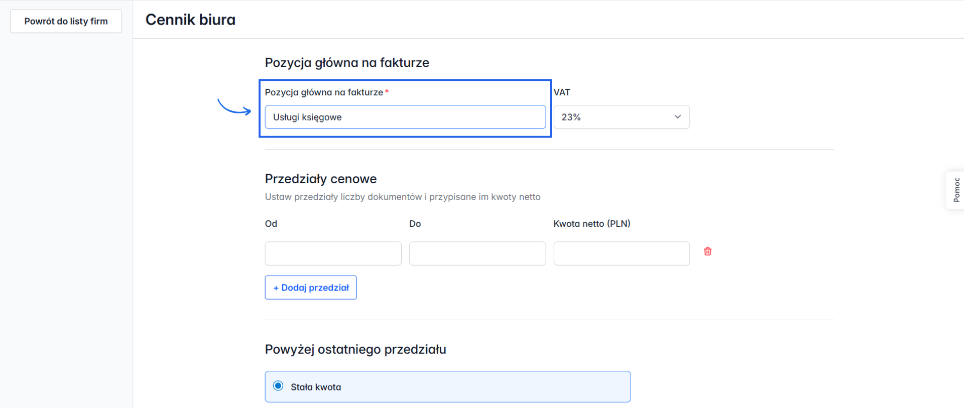 Formularz cennika biura z określoną pozycją główną faktury za usługi księgowe.