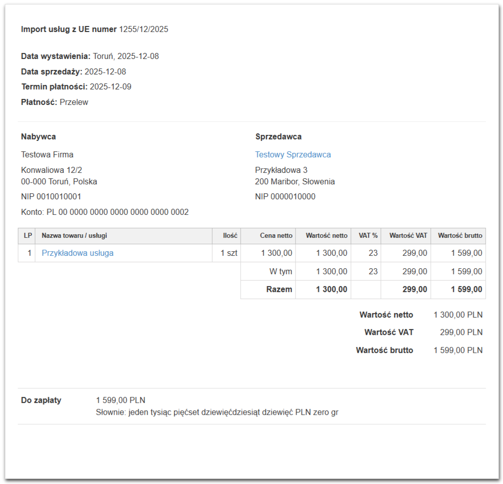 Przykładowa faktura kosztowa wystawiona jako import usług z UE.