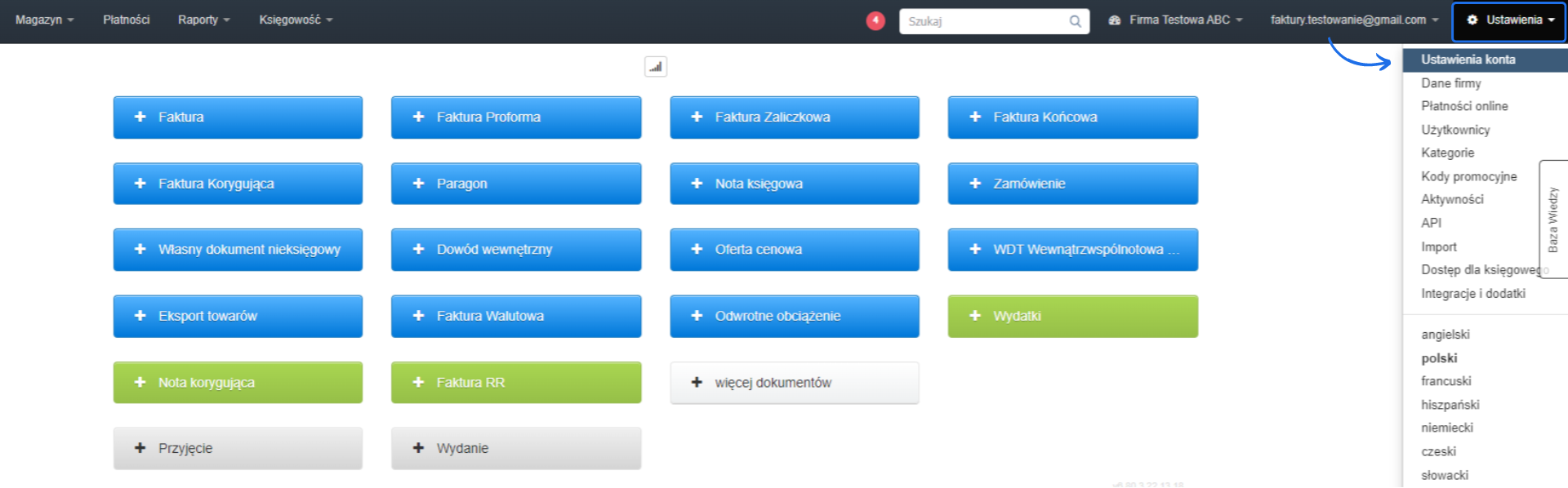 Strona główna Fakturowni z widocznymi przyciskami do dodawania różnych typów faktur oraz menu ustawień konta w prawym górnym rogu.
