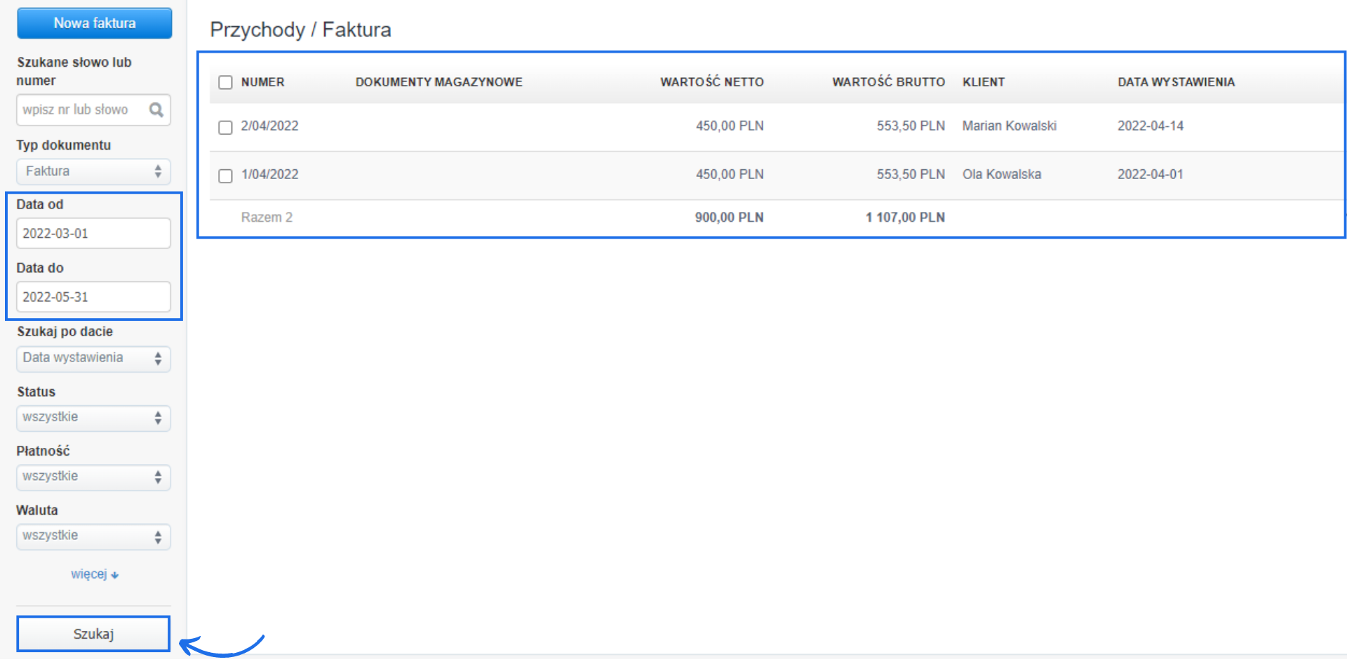 Szczegółowe wyszukiwanie faktur za pomocą panelu filtrującego, gdzie w polu okres możliwe jest określenie daty od i daty do.