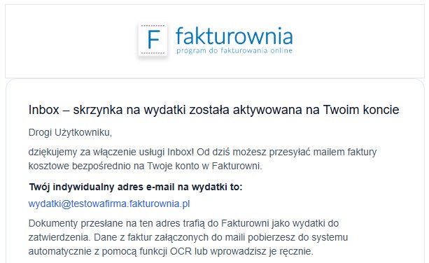E-mail powiadamiający o aktywacji usługi Inbox na koncie użytkownika w systemie Fakturownia, z indywidualnym adresem e-mail do wysyłania dokumentów kosztowych.