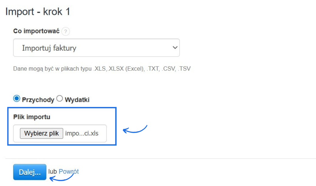 Import faktur sprzedażowych do systemu fakturowego. Krok pierwszy z możliwości wgrania pliku importu.