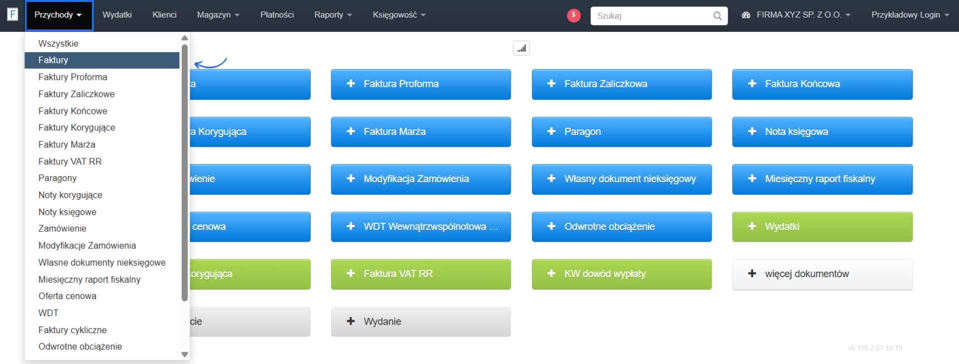 Strona główna systemu do Fakturownia z aktywną zakładką do wystawania faktur sprzedażowych w tym faktur VAT.