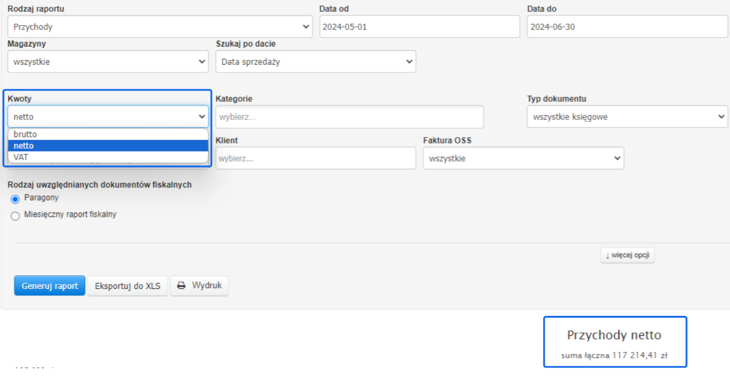 Ekran generowania raportu przychodów netto z możliwością wyboru kwot netto, brutto lub VAT, opcje eksportu do XLS i drukowania.