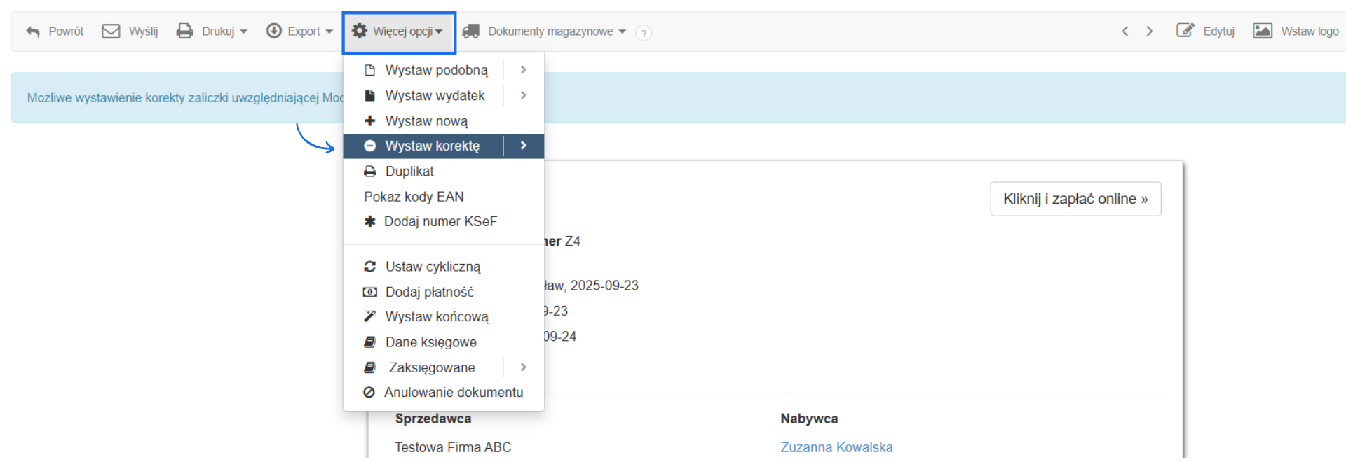 Podgląd faktury zaliczkowej z dodatkowymi opcjami jak wysyłka czy eksport oraz możliwością wystawienia faktury korygującej.