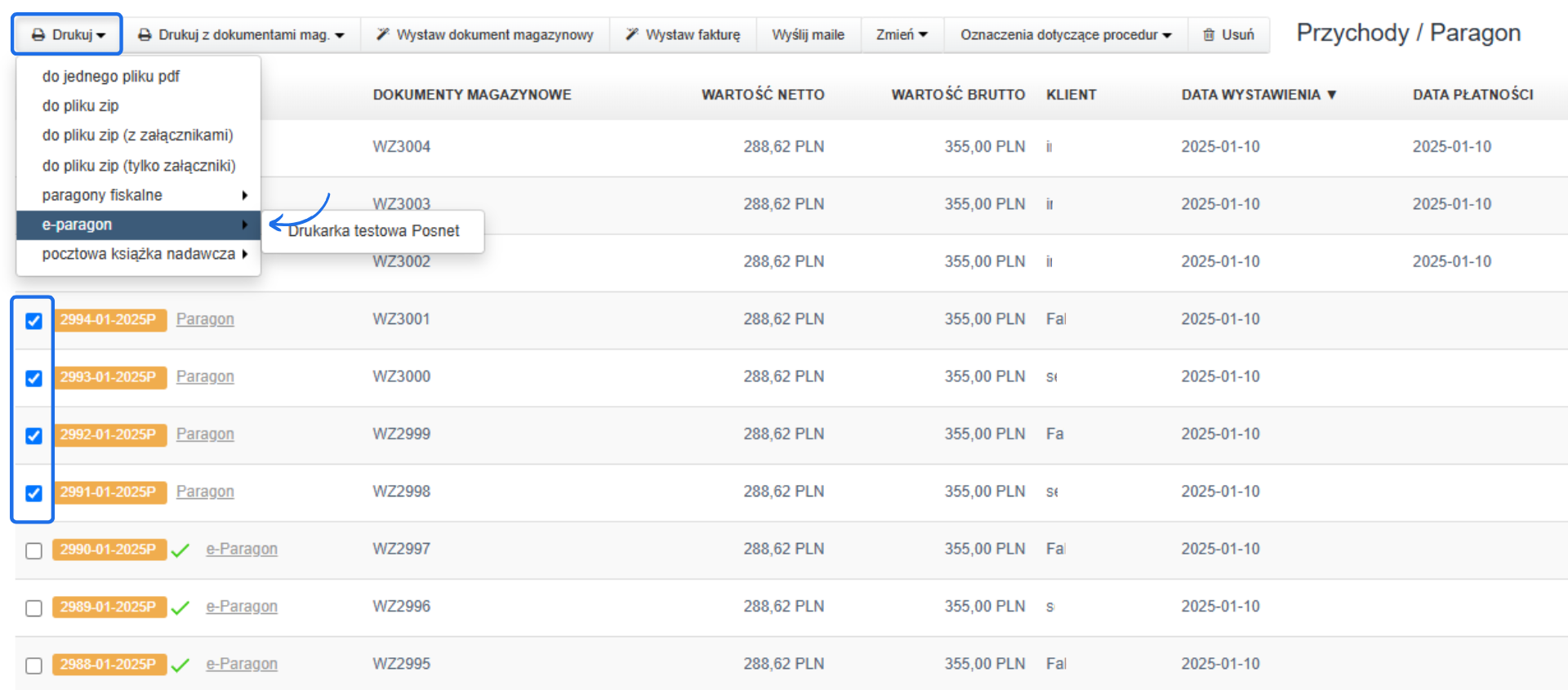 Panel wystawiania e-paragonów z listą paragonów, opcją masowego wyboru i drukowania e-paragonów przez drukarkę testową Posnet.