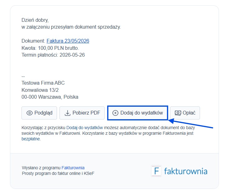Wiadomość systemowa z fakturą oraz przyciskami do opłacenia, czy dodania jako wydatek na swoim koncie.