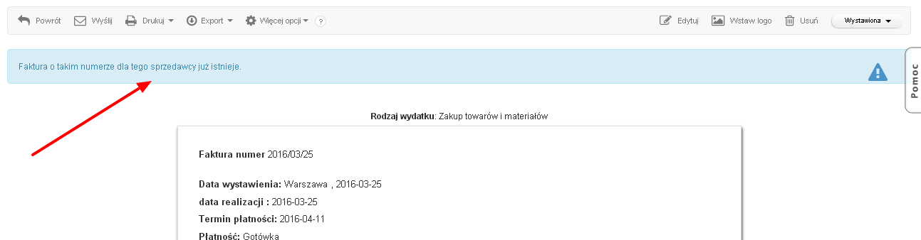 faktura wydatki ostrzerzenie na stałe