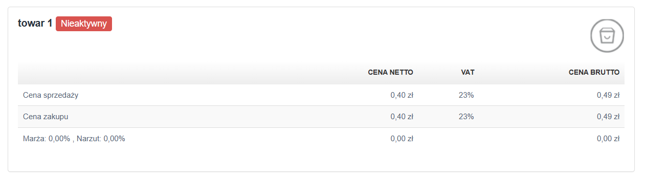 Karta produktu oznaczonego w systemie jako nieaktywny tzn. po usunięciu, jeśli występował na dokumentach.